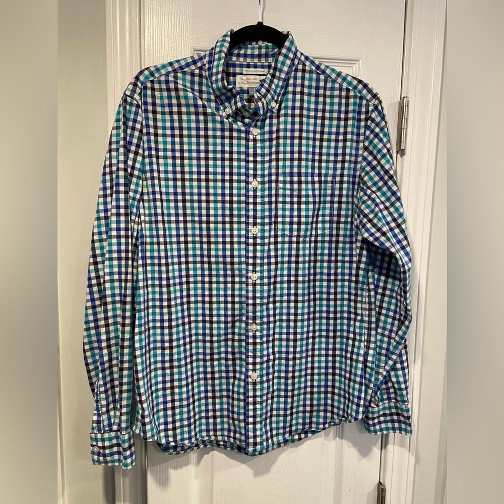 Old Navy Mens Size L The Classic Shirt Blue Check Cotton Stretch Button Down